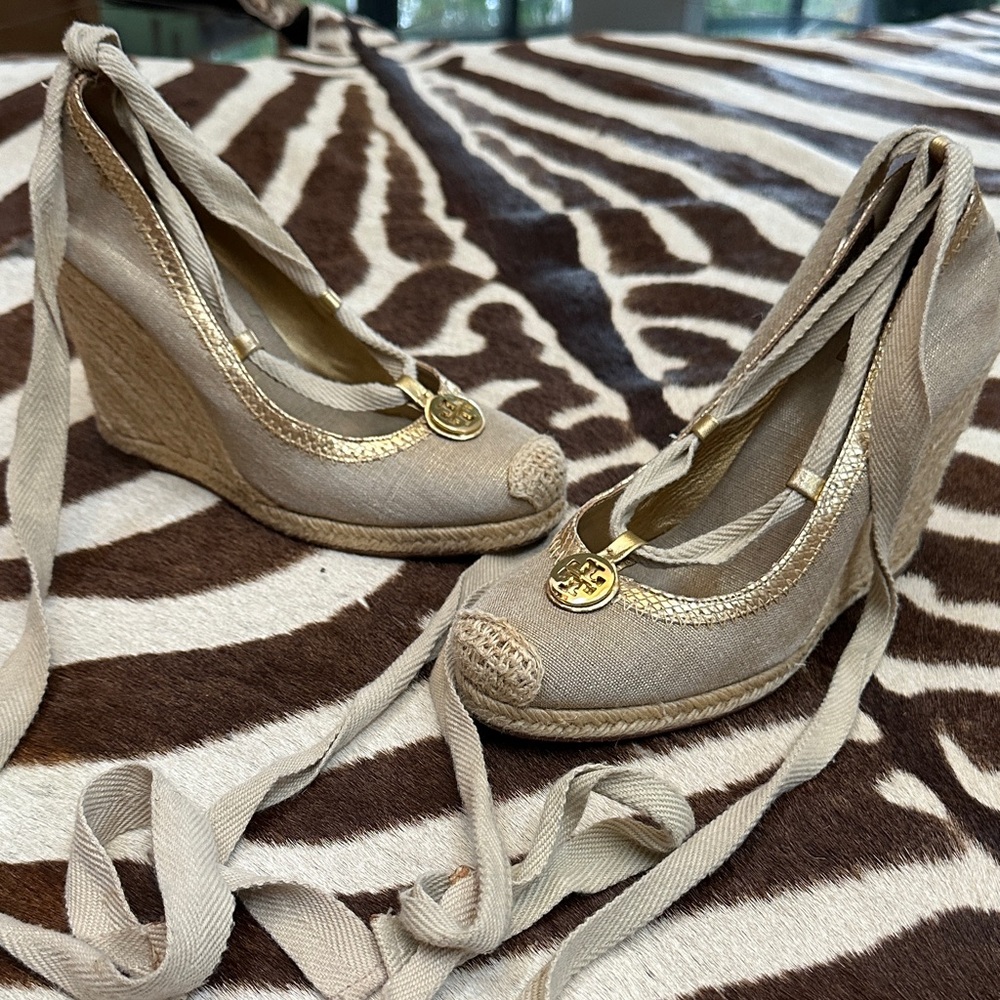 Tory Burch Gold and Tan Espadrille Wedges